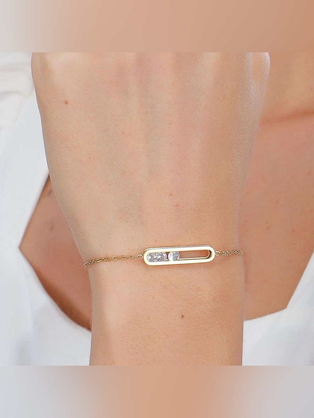 18K Gold Geometrical Link Paperclip Moving Diamond Bracelet No Fade Or Tarnish